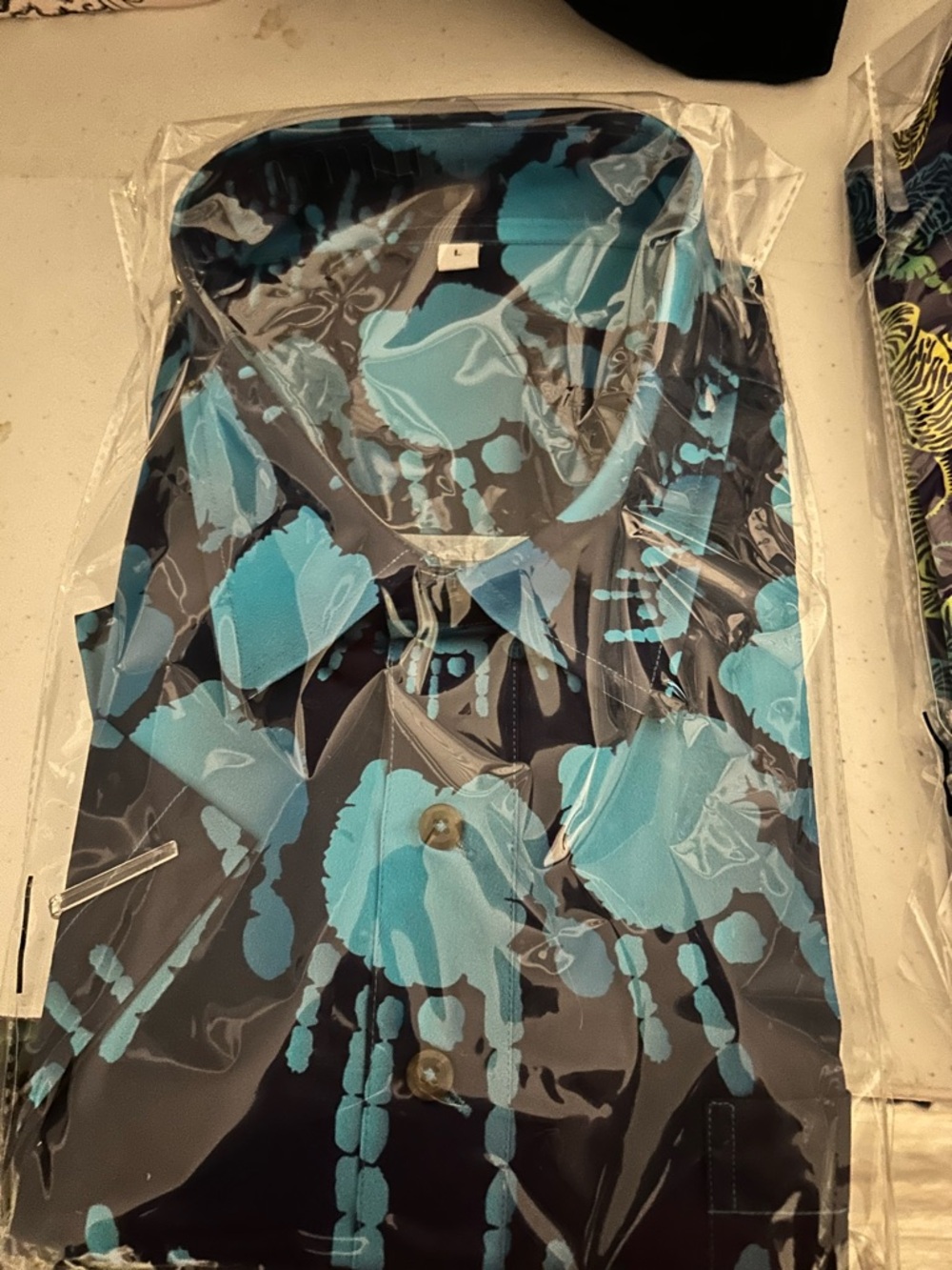 Men's Navy Short-Sleeve Button-Down Shirt with Teal Jerry Garcia hand - Picture 3 of 3